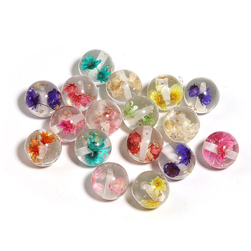 Wholesale 50pcs natural dried flower resin round beads transparent gold foil beaded diy mobile phone chain key chain accessories beads loose beads